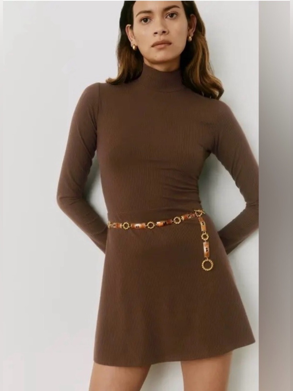 Reformation Maya Knit Longsleeve Mockneck Mini-Dress size XS in Cafe
